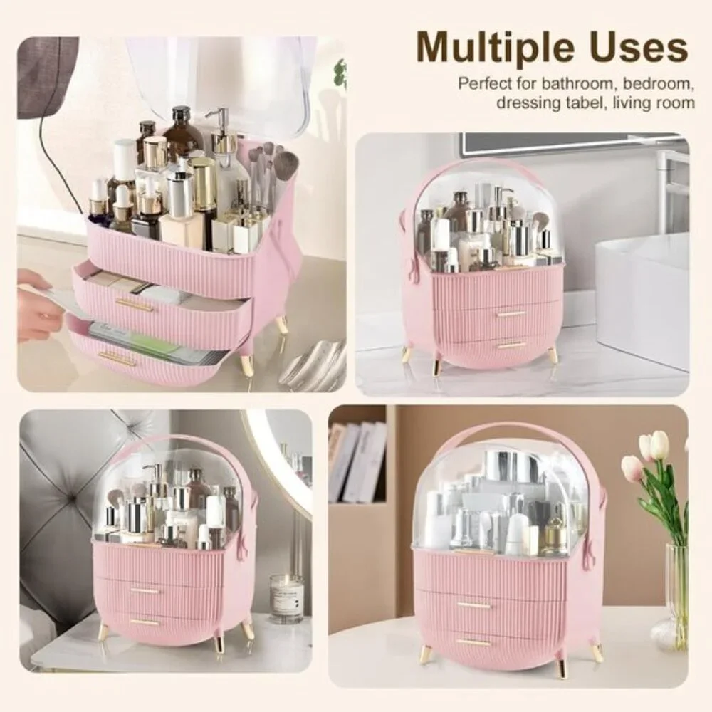 New Makeup Organizer with Lid & Drawers, Skincare & Cosmetic Storage in Pink